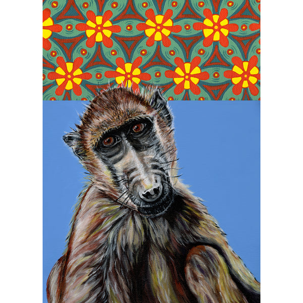 Baboon Painting acrylic on canvas with African prints in the background. Darrel is a baboon at Free to Be Wild Sanctuary in Bulawayo ZImbabwe
