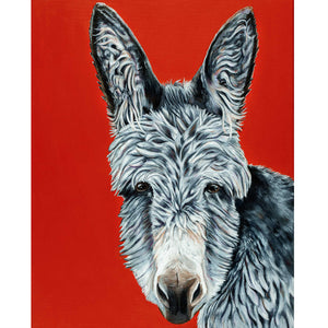 donkey painting- acrylic on canvas bright red background. Elvis is a donkey that lives at the Isle of Wight Dnkey Sanctuary in England 