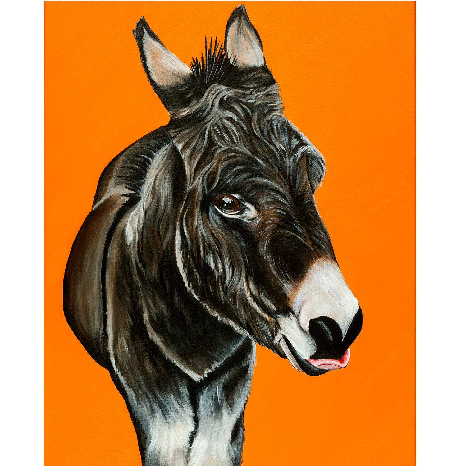 donkey painting- acrylic on canvas with a golden yellow  background. Thomas is a donkey that lives at the Isle of Wight Donkey Sanctuary in England
