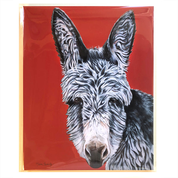 donkey painting-archival print- bright red background. Elvis is a donkey that lives at the Isle of Wight Donkey Sanctuary in England