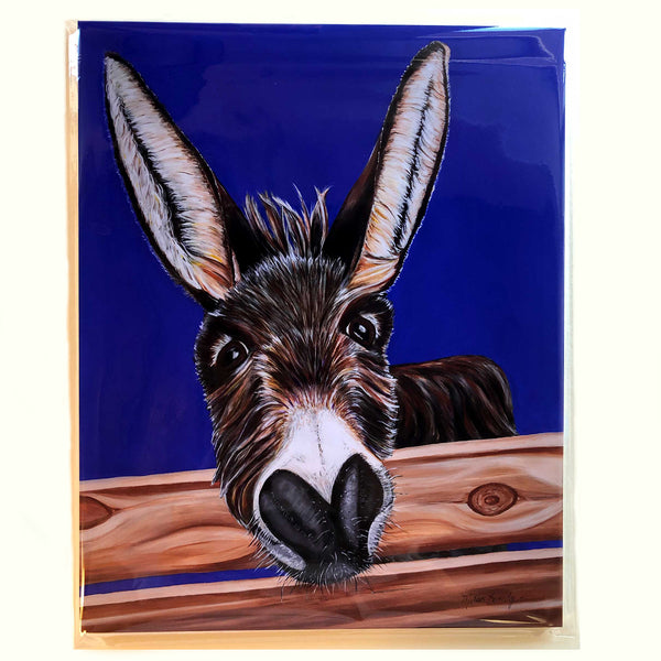 donkey painting-archival print- bright blue background. Jimbob is a donkey that lives at the Isle of Wight Donkey Sanctuary in England