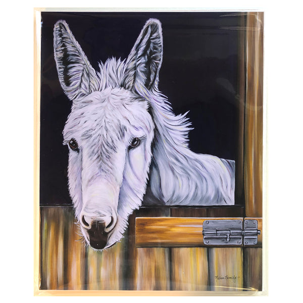 donkey painting-archival print- purple background. Snowy was a donkey that lived at the Isle of Wight Donkey Sanctuary in England
