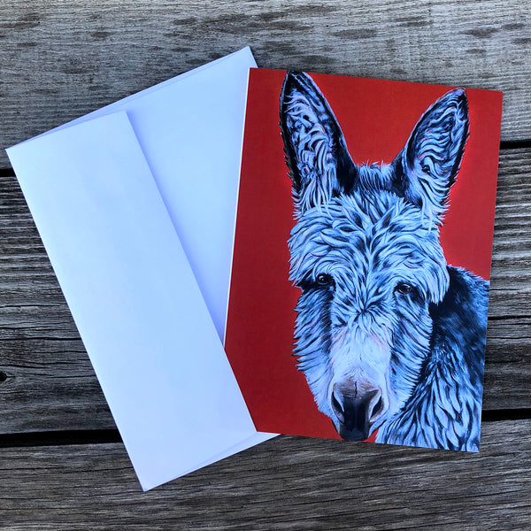 Donkey greeting card- bright red background. Elvis is a donkey that lives at the Isle of Wight Donkey Sanctuary in England