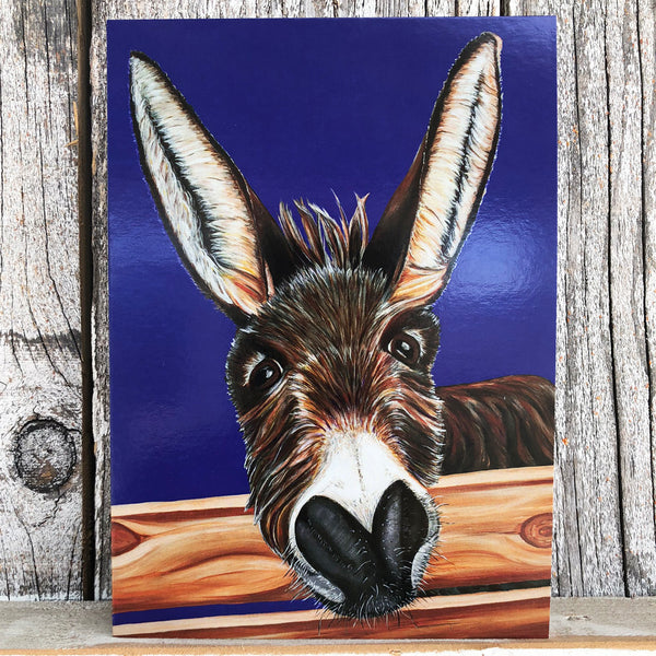Donkey greeting card- bright blue background. Jimbob is a donkey that lives at the Isle of Wight Donkey Sanctuary in England
