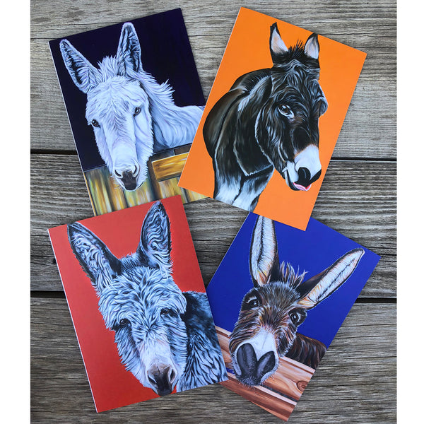 four featured  rescue donkeys in this greeting card pack from the Isle of Wight Donkey Sanctuary