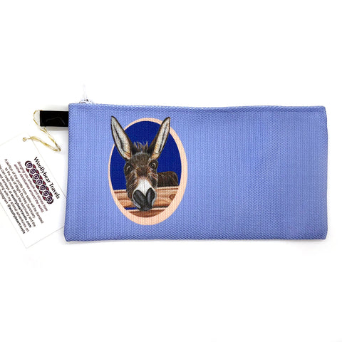 donkey zipper pouch- blue background. Jimbob is a donkey that lives at the Isle of Wight Donkey Sanctuary in England