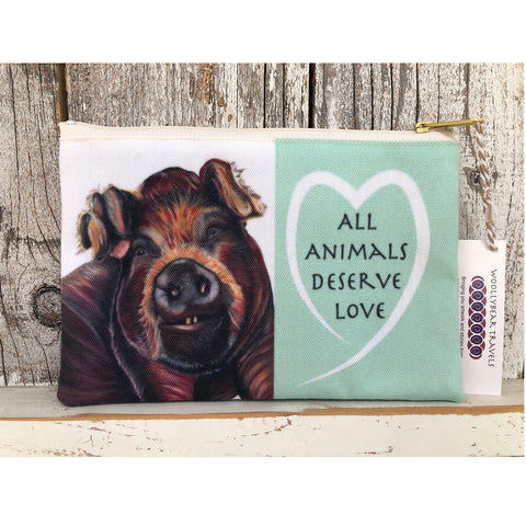 Rescued Pig zipper bag. Bella is a pig that lives at Loving Farm Animal Sanctuary in California