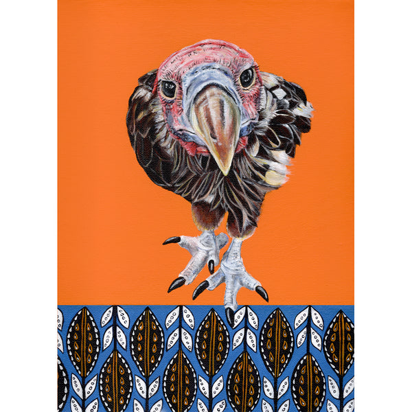 Lappet-faced vulture Painting- acrylic on canvas with African prints in the background. Terry is a vulture  at Free to Be Wild Sanctuary in Bulawayo ZImbabwe