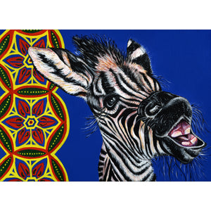Baby zebra painting -acrylic on canvas with African prints in the background. Zimi is a zebra at Free to Be Wild Sanctuary in Bulawayo Zimbabwe