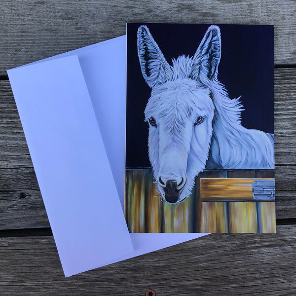 Donkey greeting card- dark purple background. Snowy is a donkey that lived at the Isle of Wight Donkey Sanctuary in England