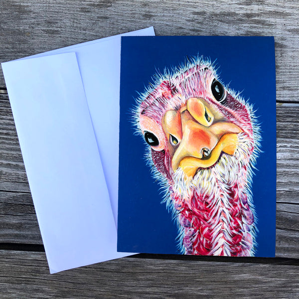 Turkey greeting card with a blue background. Felicity is a Turkey that lives at Loving Farm Animal Sanctuary in California